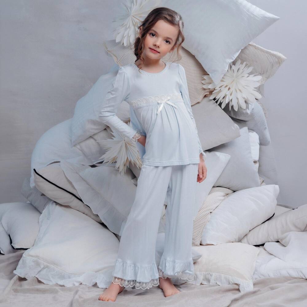 AMIKI Children-Girls Light Blue Pyjamas in Modal Jersey with Lace | Childrensalon