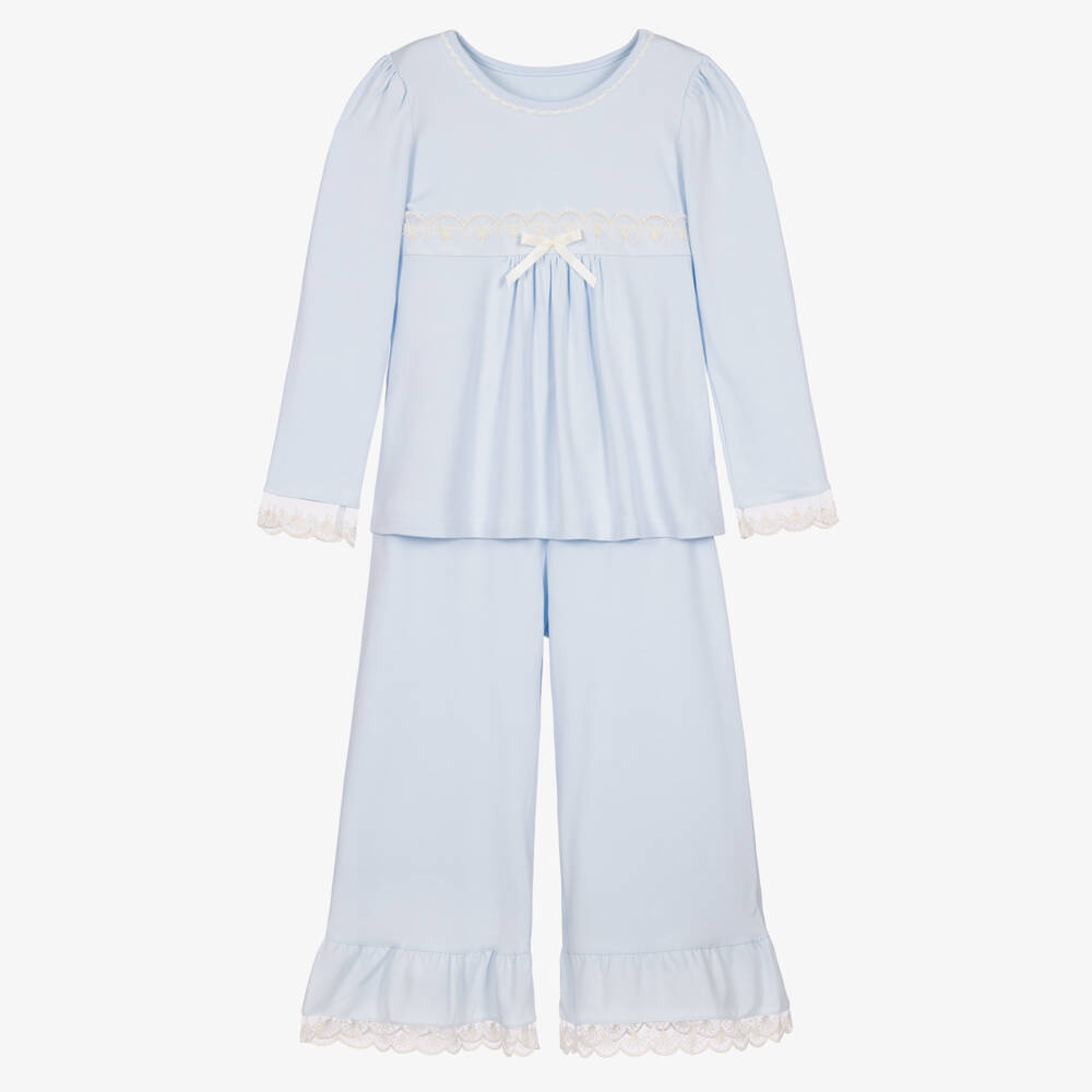 AMIKI Children-Girls Light Blue Pyjamas in Modal Jersey with Lace | Childrensalon