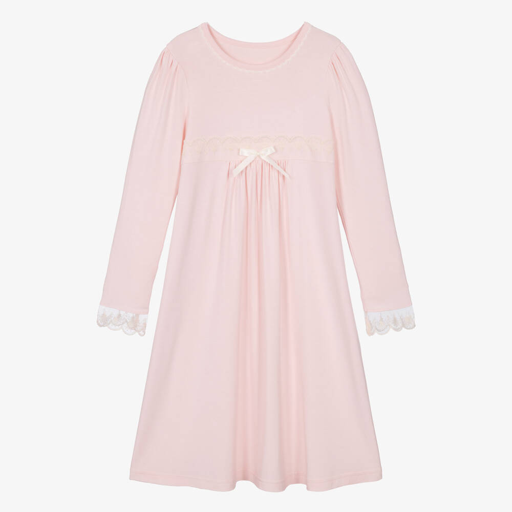 AMIKI Children-Girls Light Pink Modal Jersey Nightdress with Lace Detail | Childrensalon