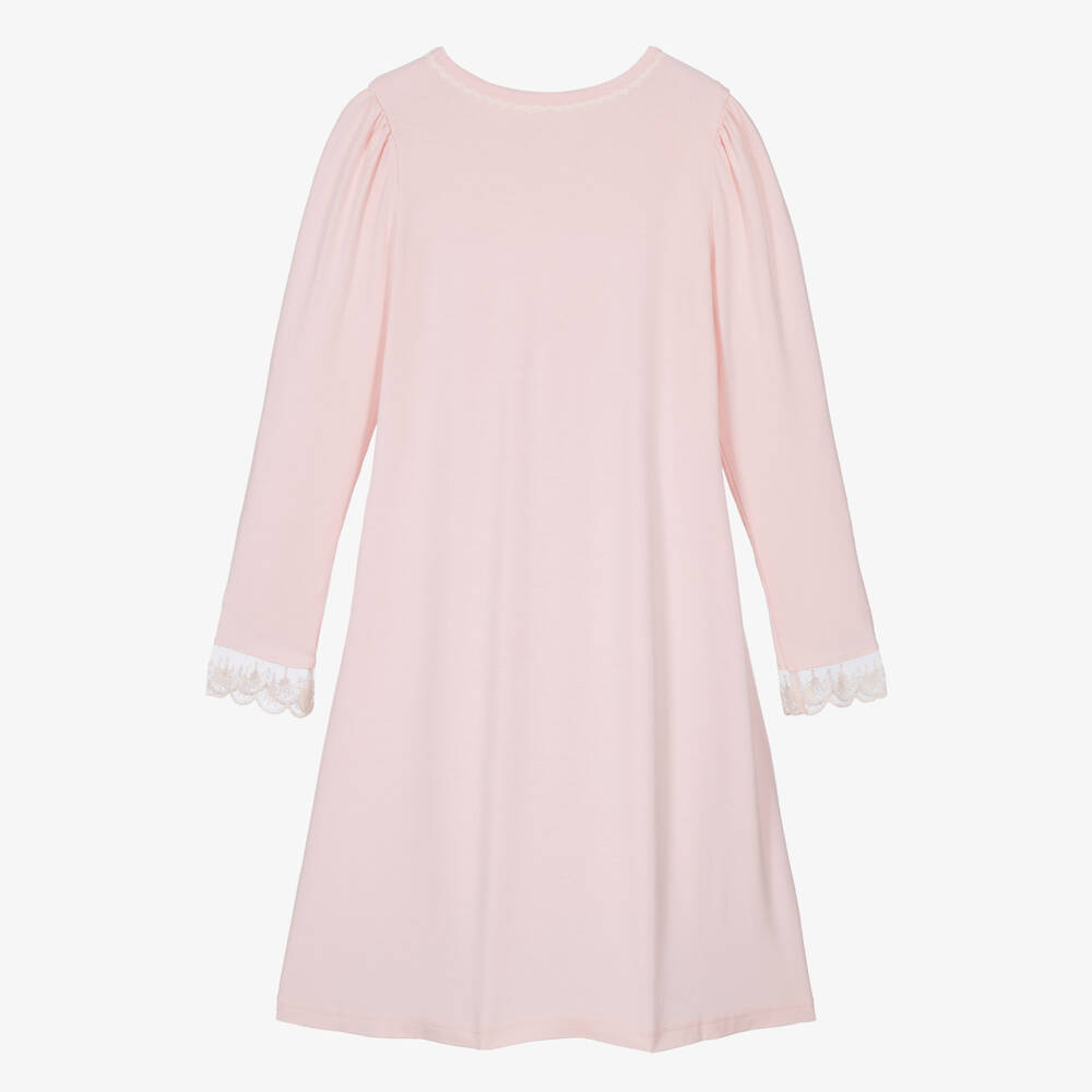 AMIKI Children-Girls Light Pink Modal Jersey Nightdress with Lace Detail | Childrensalon