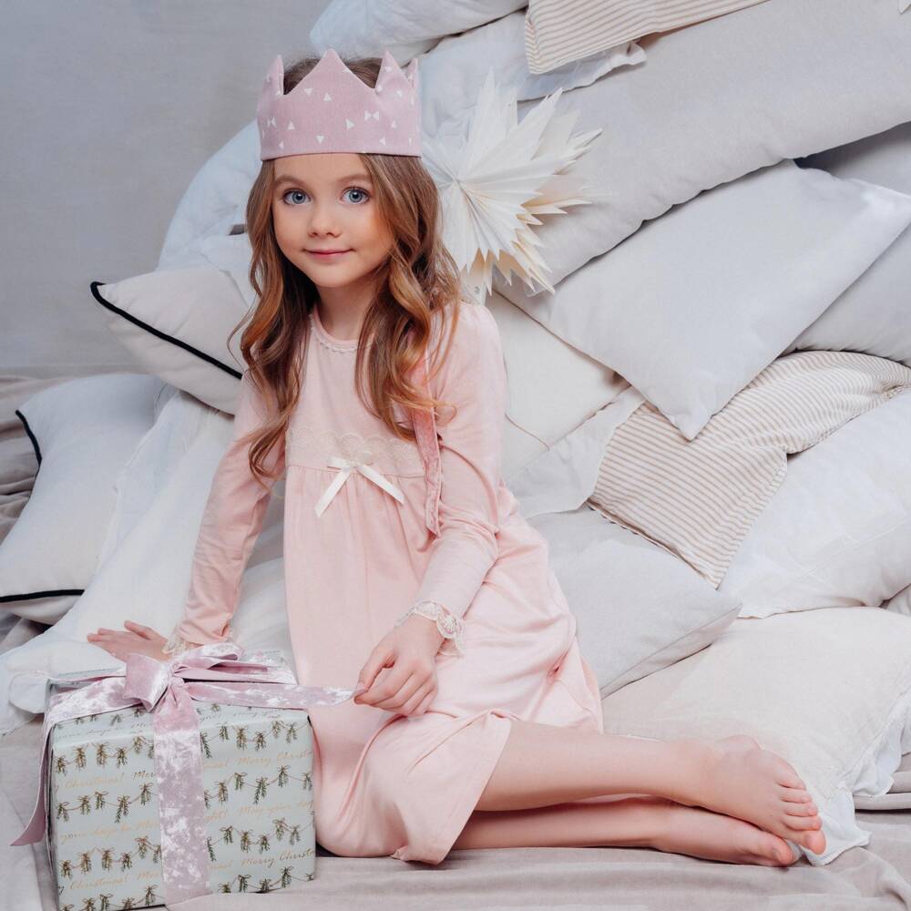 AMIKI Children-Girls Light Pink Modal Jersey Nightdress with Lace Detail | Childrensalon