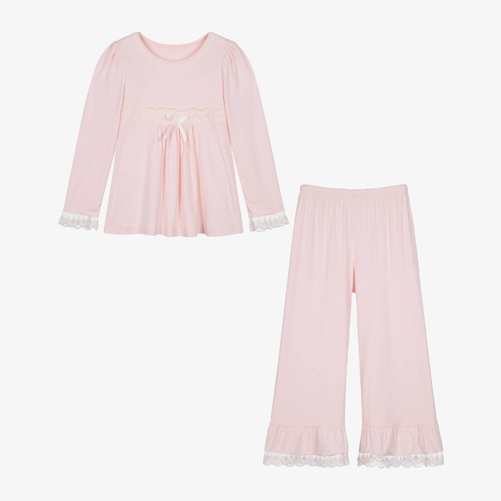 AMIKI Children-Girls Light Pink Pyjamas in Modal Jersey with Lace | Childrensalon