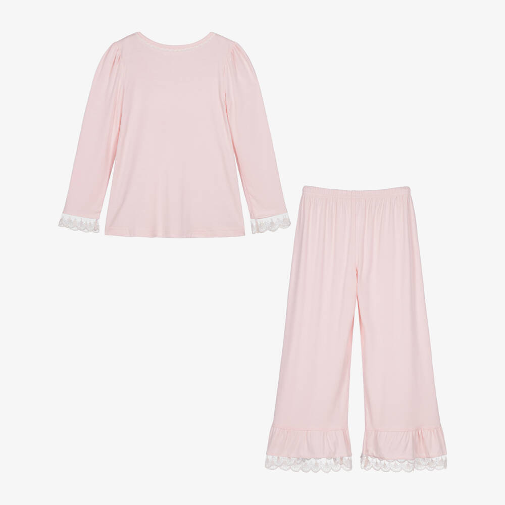AMIKI Children-Girls Light Pink Pyjamas in Modal Jersey with Lace | Childrensalon