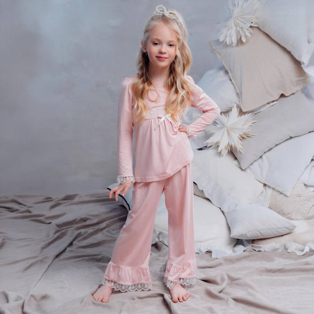 AMIKI Children-Girls Light Pink Pyjamas in Modal Jersey with Lace | Childrensalon