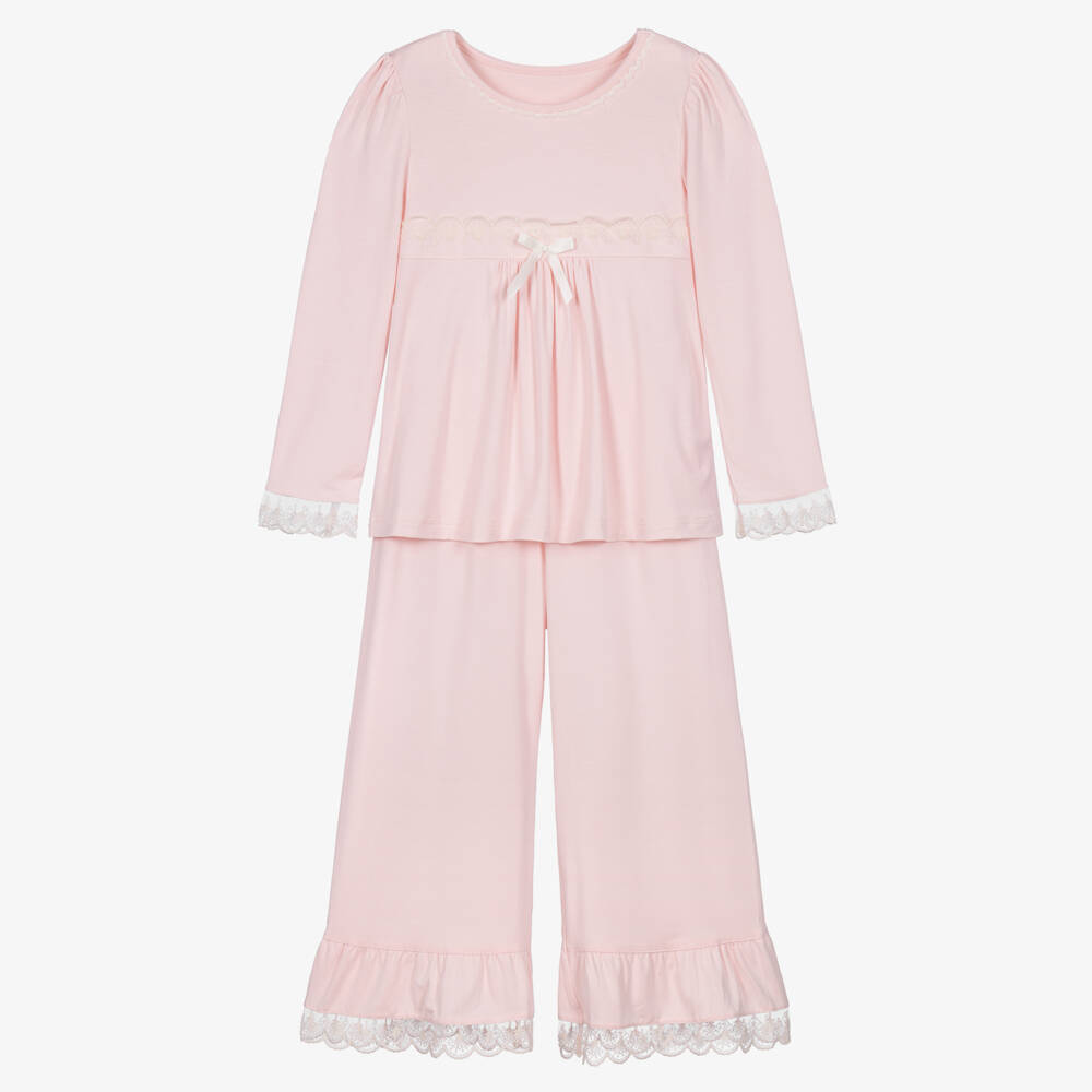 AMIKI Children-Girls Light Pink Pyjamas in Modal Jersey with Lace | Childrensalon