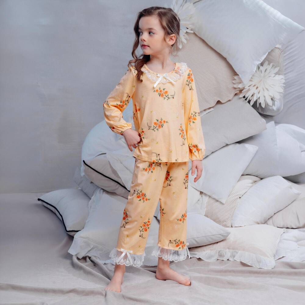 AMIKI Children-Girls Orange Floral Pyjamas in Modal Jersey | Childrensalon