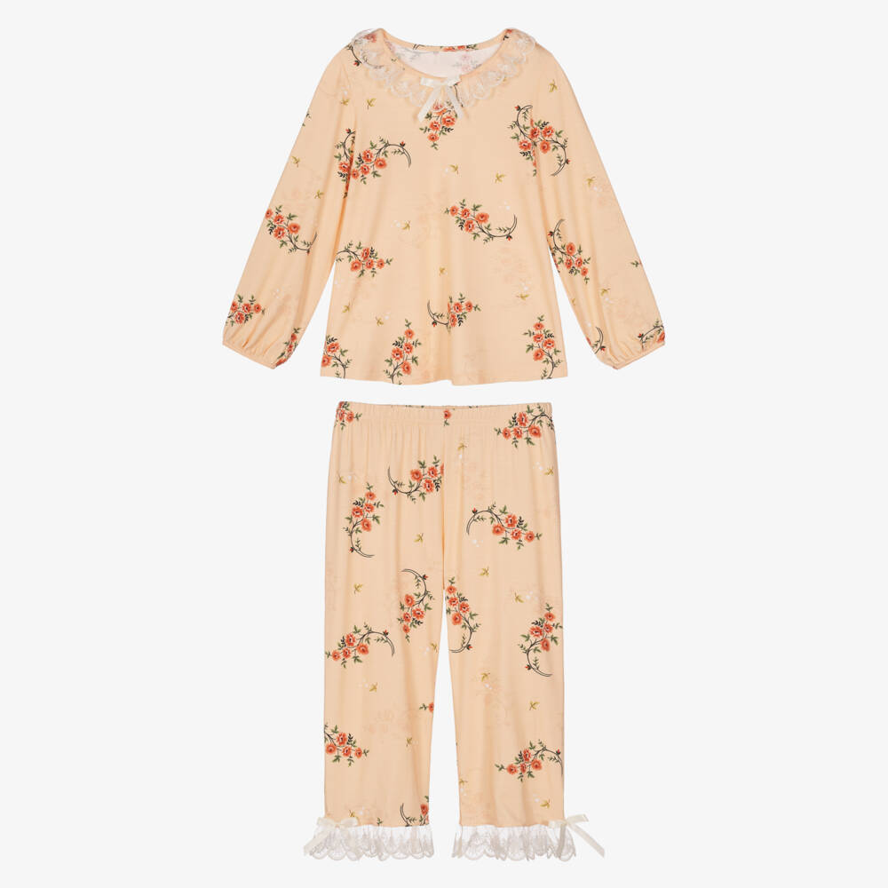 AMIKI Children-Girls Orange Floral Pyjamas in Modal Jersey | Childrensalon