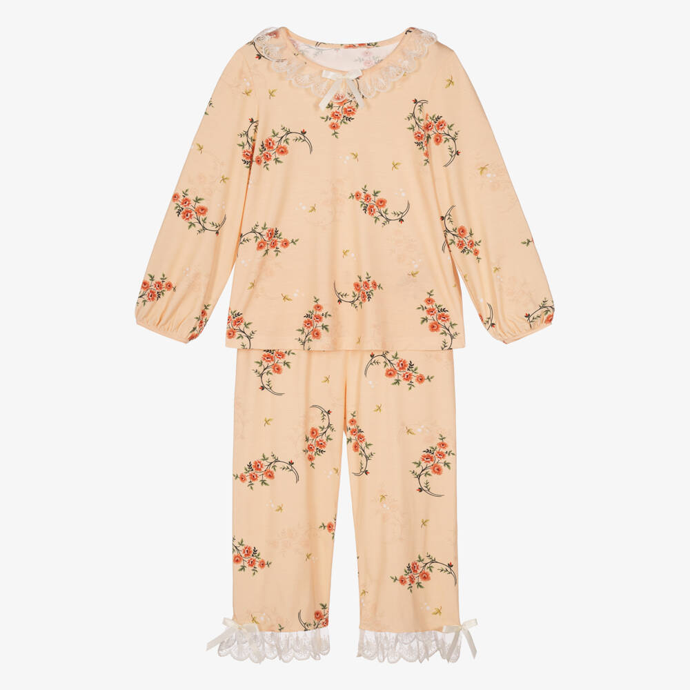 AMIKI Children-Girls Orange Floral Pyjamas in Modal Jersey | Childrensalon