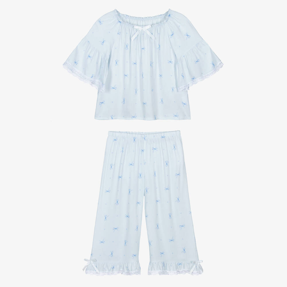 AMIKI Children-Girls Pale Blue Bow Print Pyjamas with Lace Trims | Childrensalon