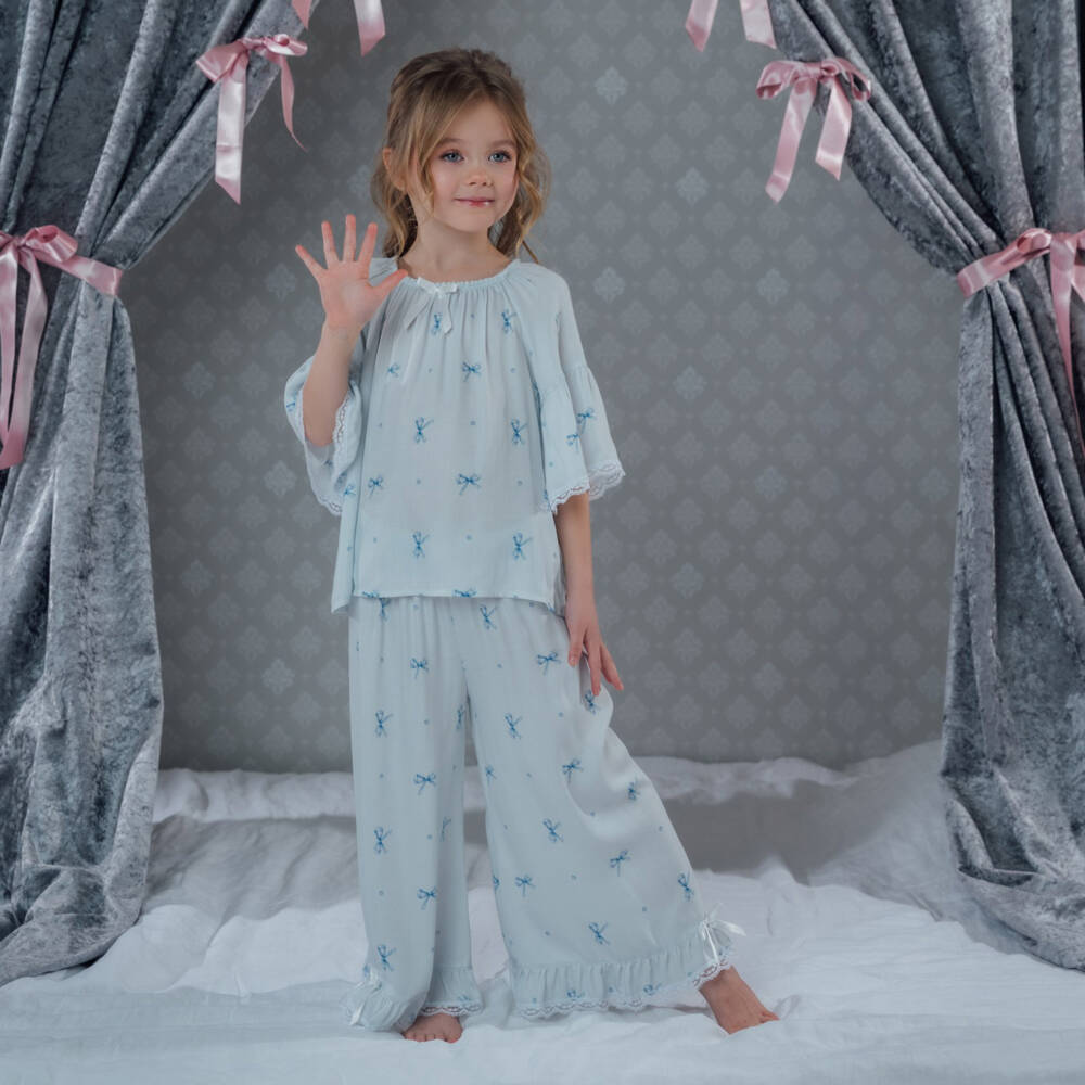 AMIKI Children-Girls Pale Blue Bow Print Pyjamas with Lace Trims | Childrensalon