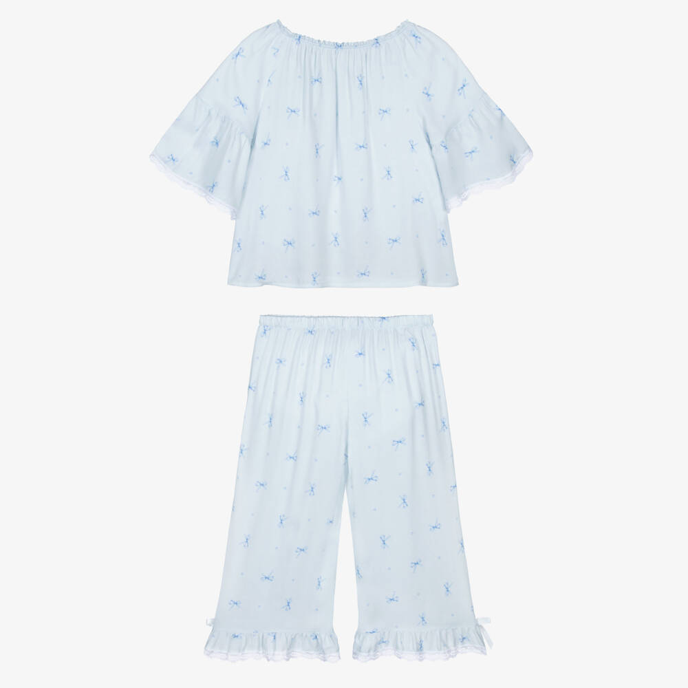 AMIKI Children-Girls Pale Blue Bow Print Pyjamas with Lace Trims | Childrensalon
