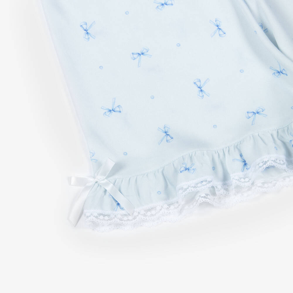 AMIKI Children-Girls Pale Blue Bow Print Pyjamas with Lace Trims | Childrensalon