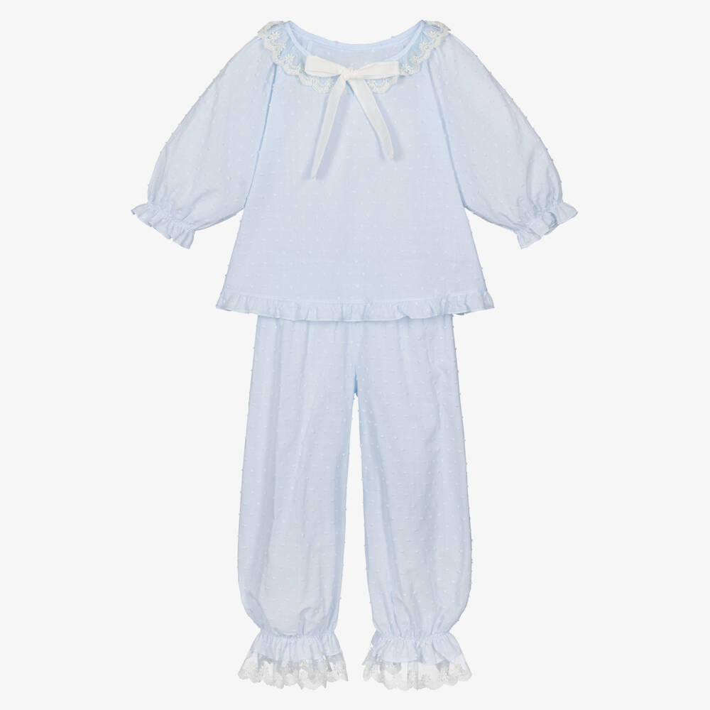 AMIKI Children-Girls Pale Blue Plumeti Cotton & Lace Pyjamas | Childrensalon