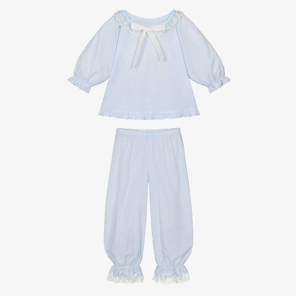 AMIKI Children-Girls Pale Blue Plumeti Cotton & Lace Pyjamas | Childrensalon