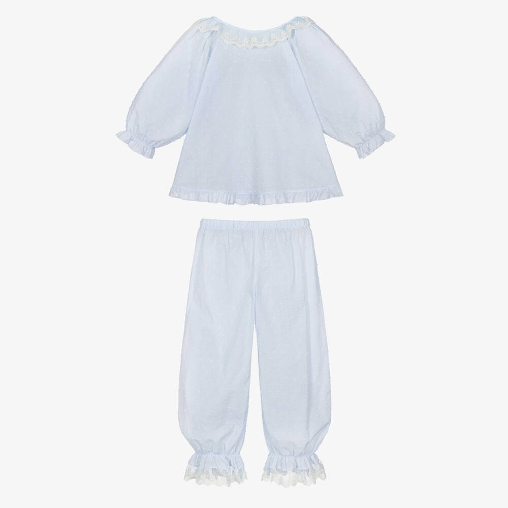 AMIKI Children-Girls Pale Blue Plumeti Cotton & Lace Pyjamas | Childrensalon