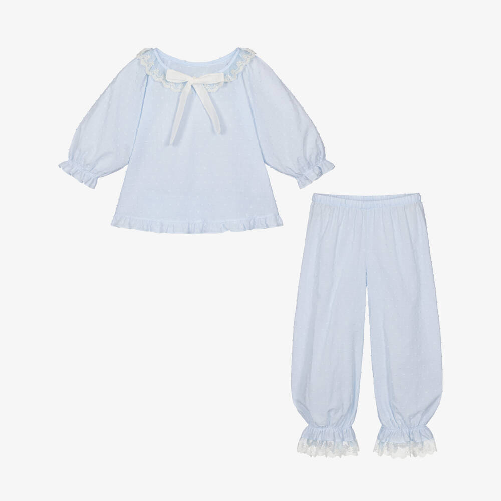 AMIKI Children-Girls Pale Blue Plumeti Cotton & Lace Pyjamas | Childrensalon