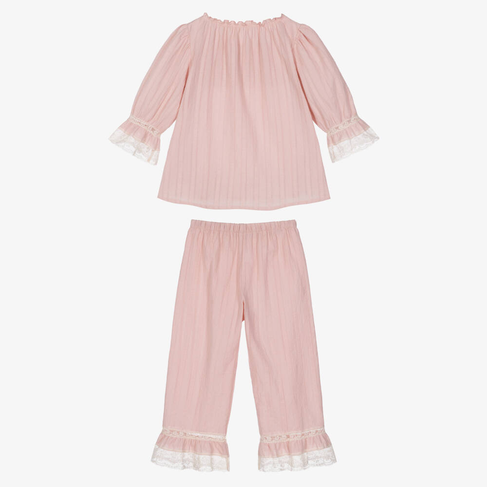 AMIKI Children-Girls Pale Pink Cotton Pyjamas with Lace Trims | Childrensalon