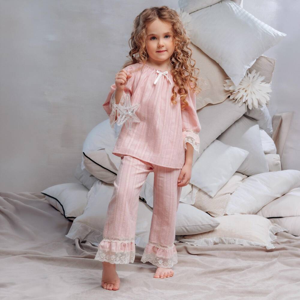 AMIKI Children-Girls Pale Pink Cotton Pyjamas with Lace Trims | Childrensalon