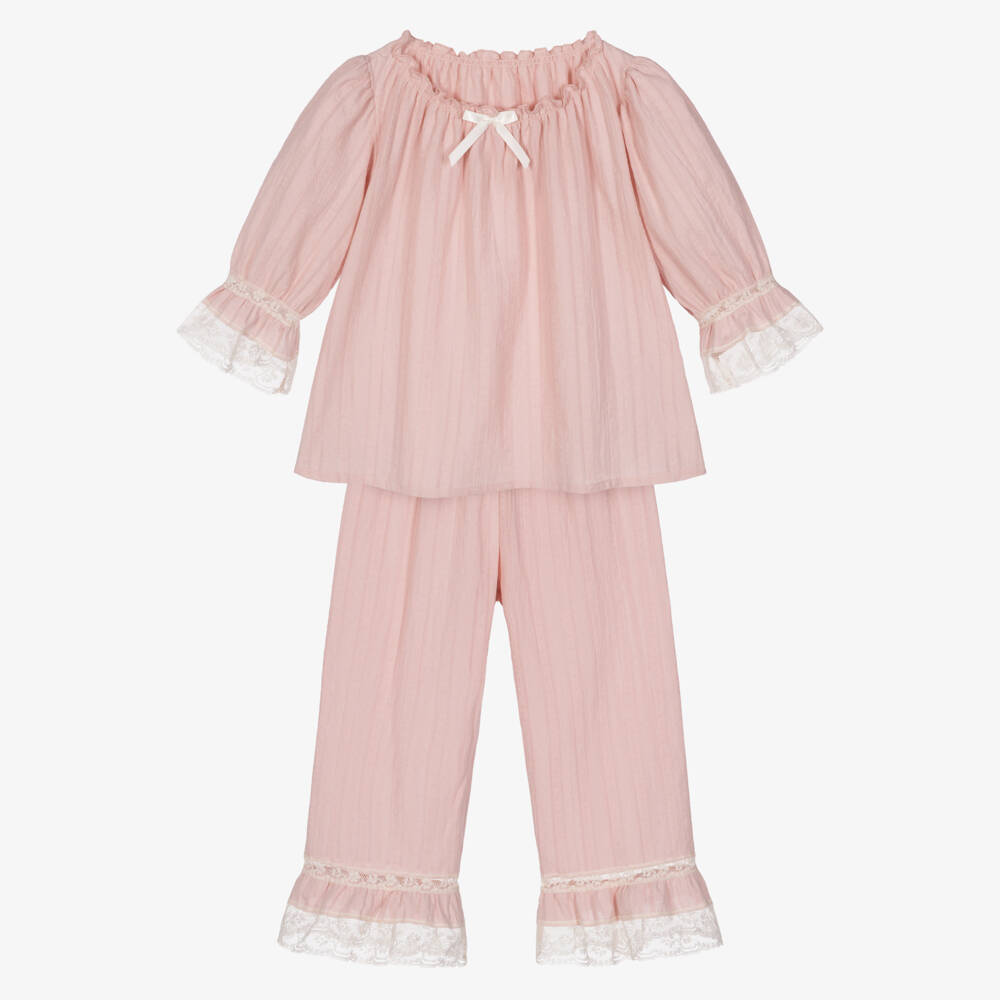AMIKI Children-Girls Pale Pink Cotton Pyjamas with Lace Trims | Childrensalon