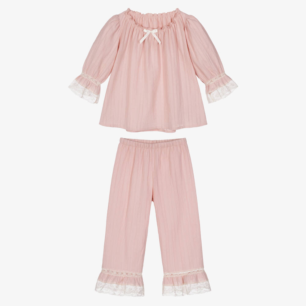 AMIKI Children-Girls Pale Pink Cotton Pyjamas with Lace Trims | Childrensalon