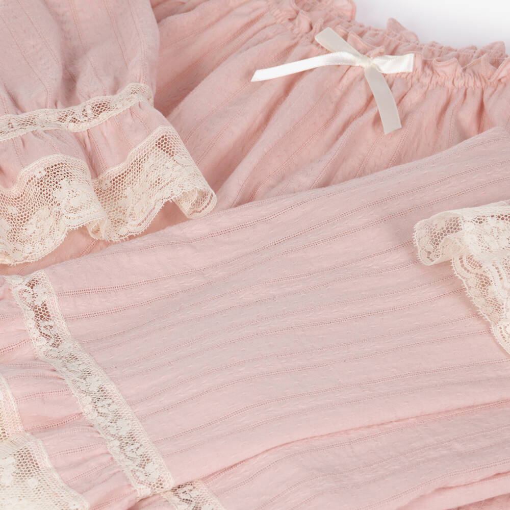 AMIKI Children-Girls Pale Pink Cotton Pyjamas with Lace Trims | Childrensalon