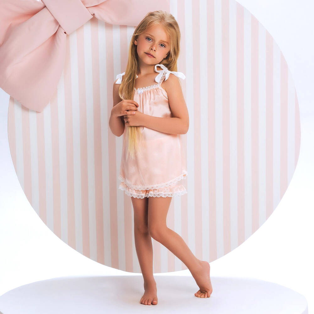 AMIKI Children-Girls Peach Pink Silk Short Pyjamas | Childrensalon