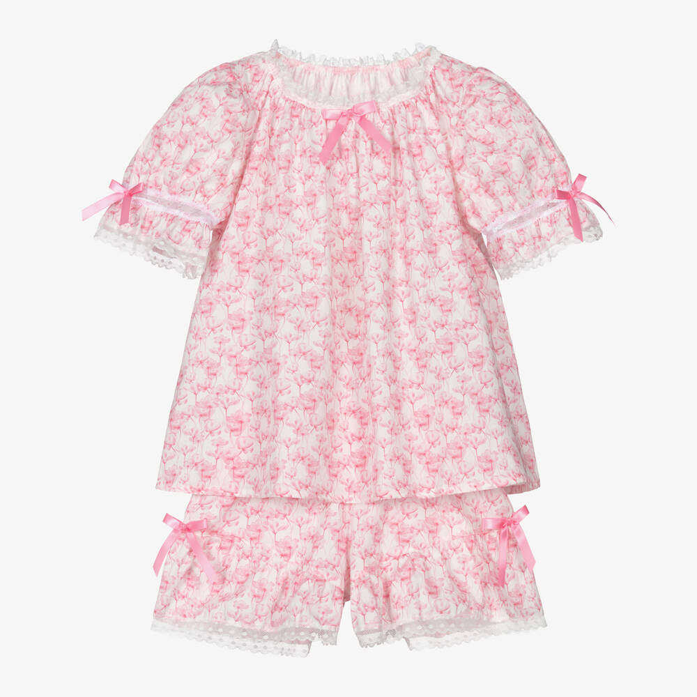 AMIKI Children-Girls Pink Cotton Floral  Short Pyjamas with Lace Trims | Childrensalon