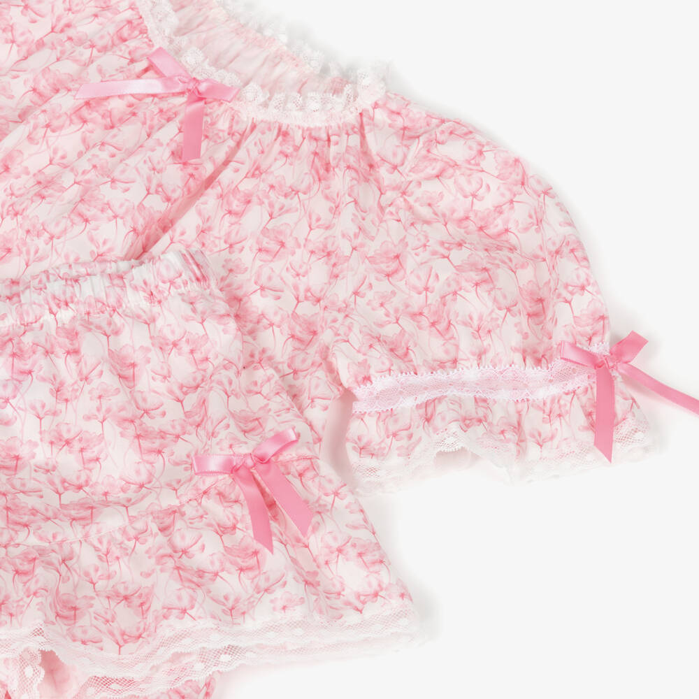 AMIKI Children-Girls Pink Cotton Floral Short Pyjamas with Lace Trims | Childrensalon