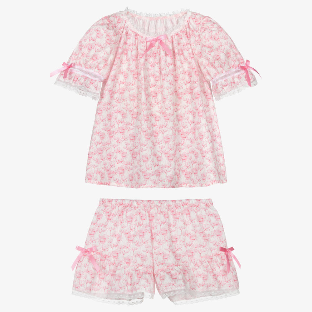 AMIKI Children-Girls Pink Cotton Floral Short Pyjamas with Lace Trims | Childrensalon