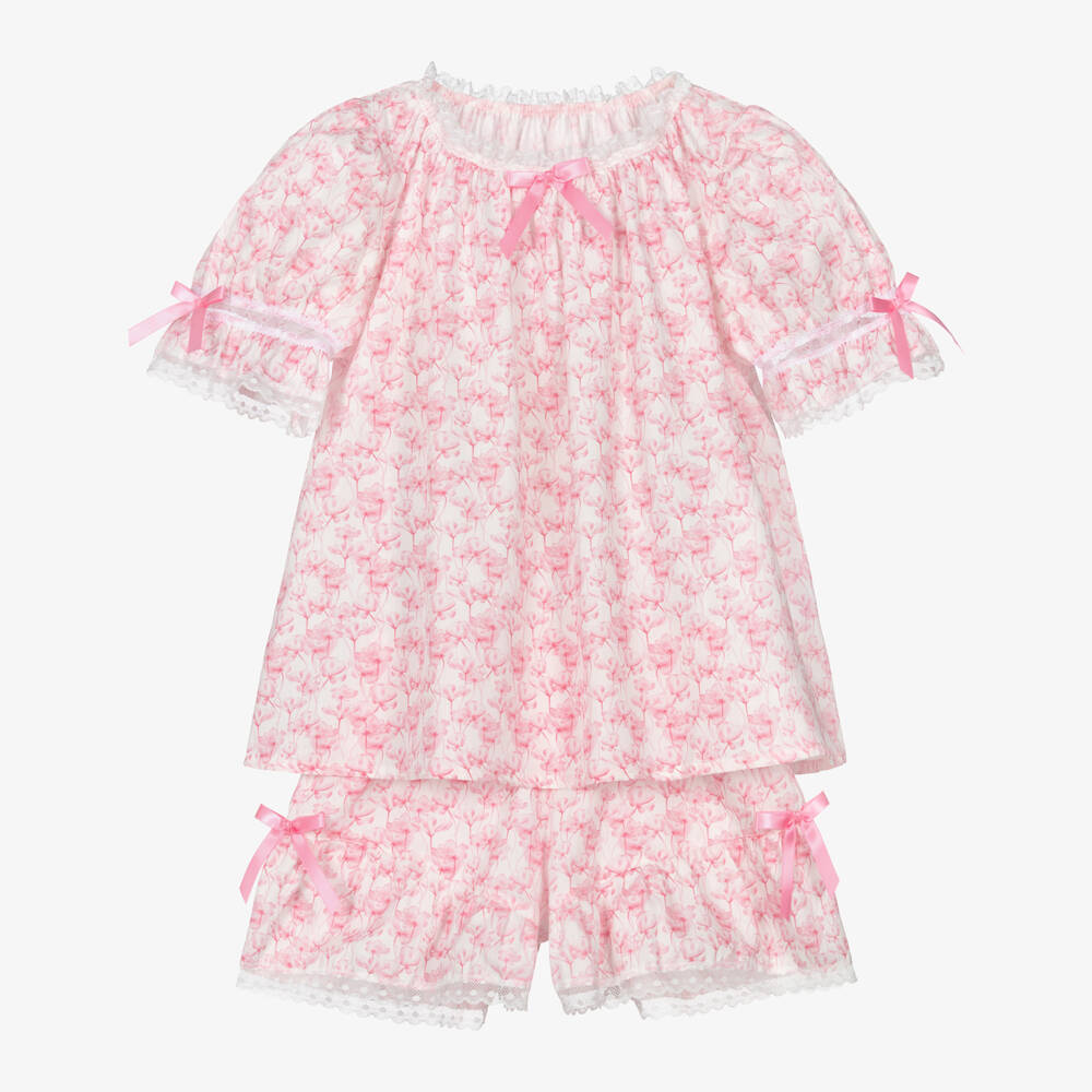AMIKI Children-Girls Pink Cotton Floral  Short Pyjamas with Lace Trims | Childrensalon
