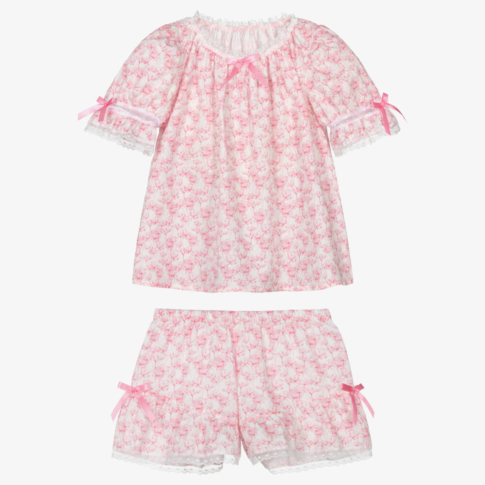 AMIKI Children-Girls Pink Cotton Floral Short Pyjamas with Lace Trims | Childrensalon