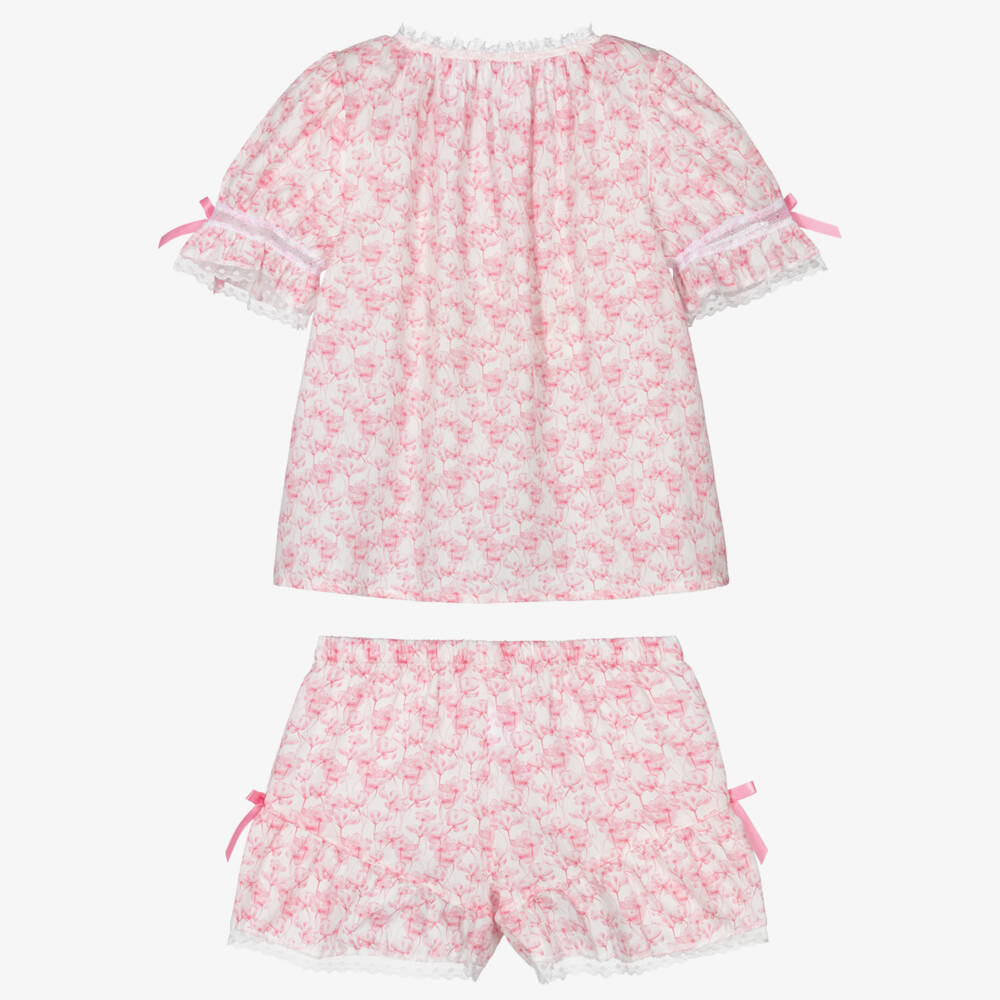 AMIKI Children-Girls Pink Cotton Floral Short Pyjamas with Lace Trims | Childrensalon