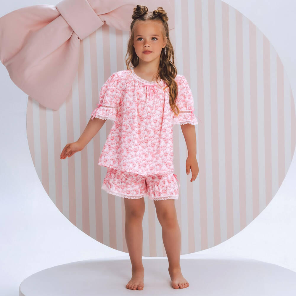 AMIKI Children-Girls Pink Cotton Floral Short Pyjamas with Lace Trims | Childrensalon