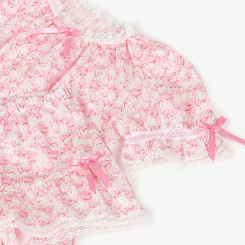 AMIKI Children-Girls Pink Cotton Floral Short Pyjamas with Lace Trims | Childrensalon