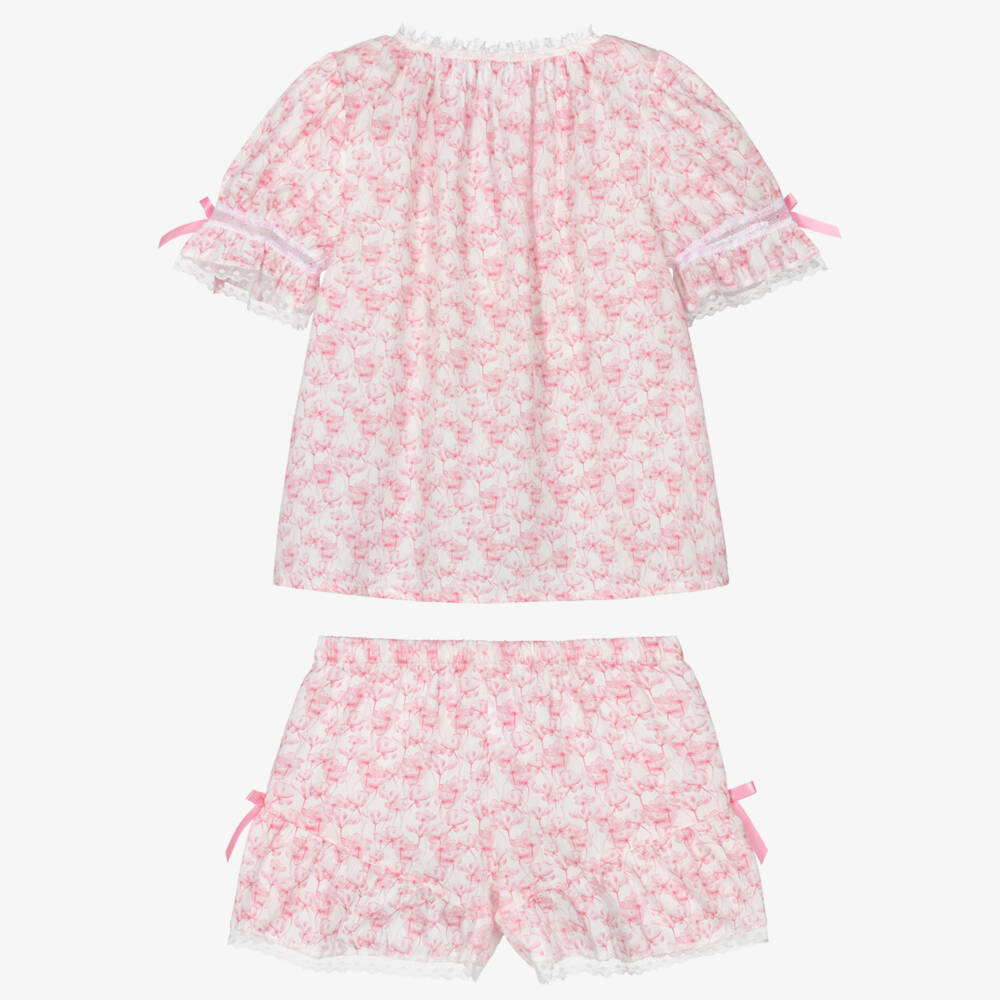 AMIKI Children-Girls Pink Cotton Floral Short Pyjamas with Lace Trims | Childrensalon