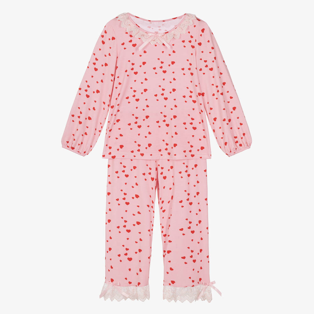 AMIKI Children-Girls Pink Heart Pyjamas in Modal Jersey | Childrensalon