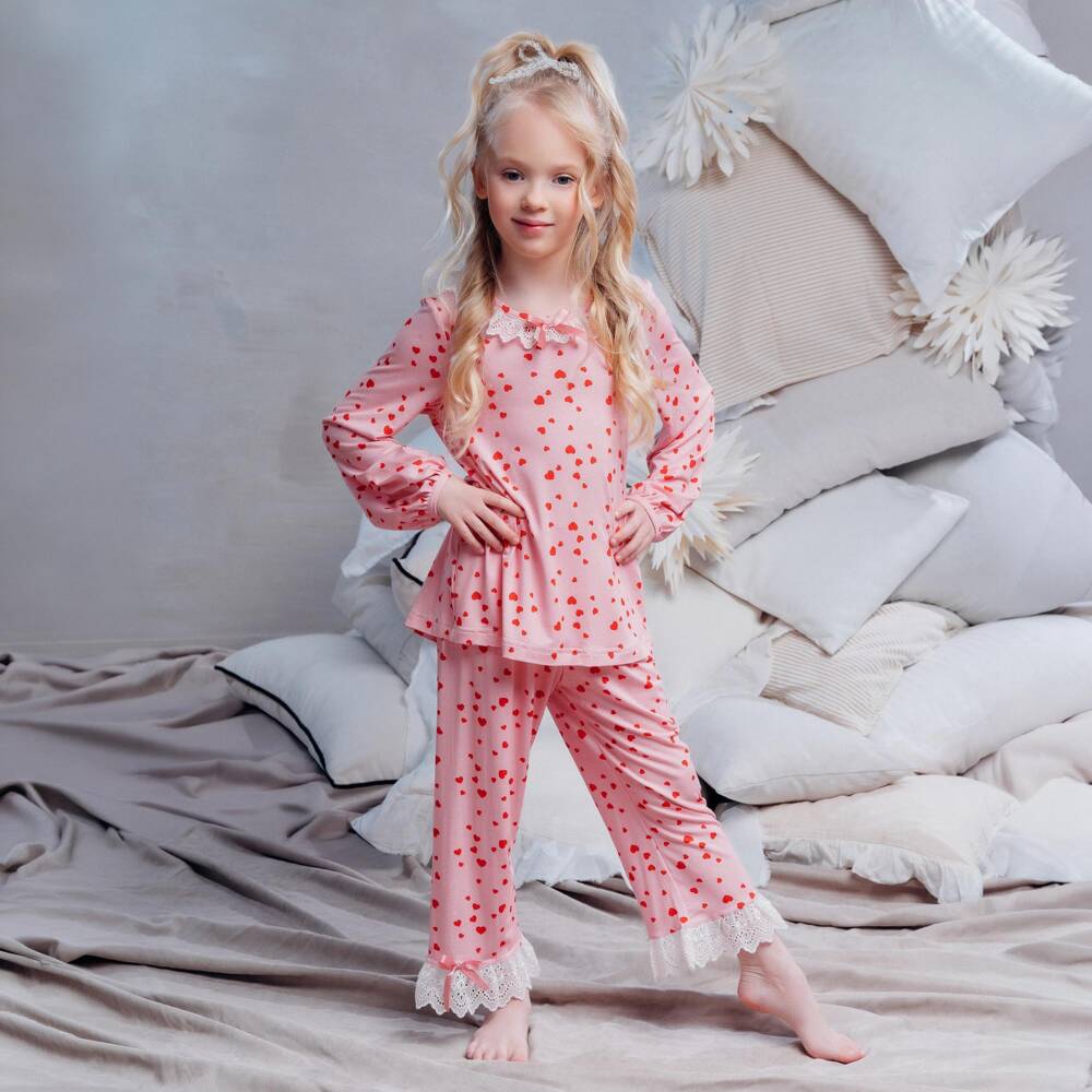 AMIKI Children-Girls Pink Heart Pyjamas in Modal Jersey | Childrensalon