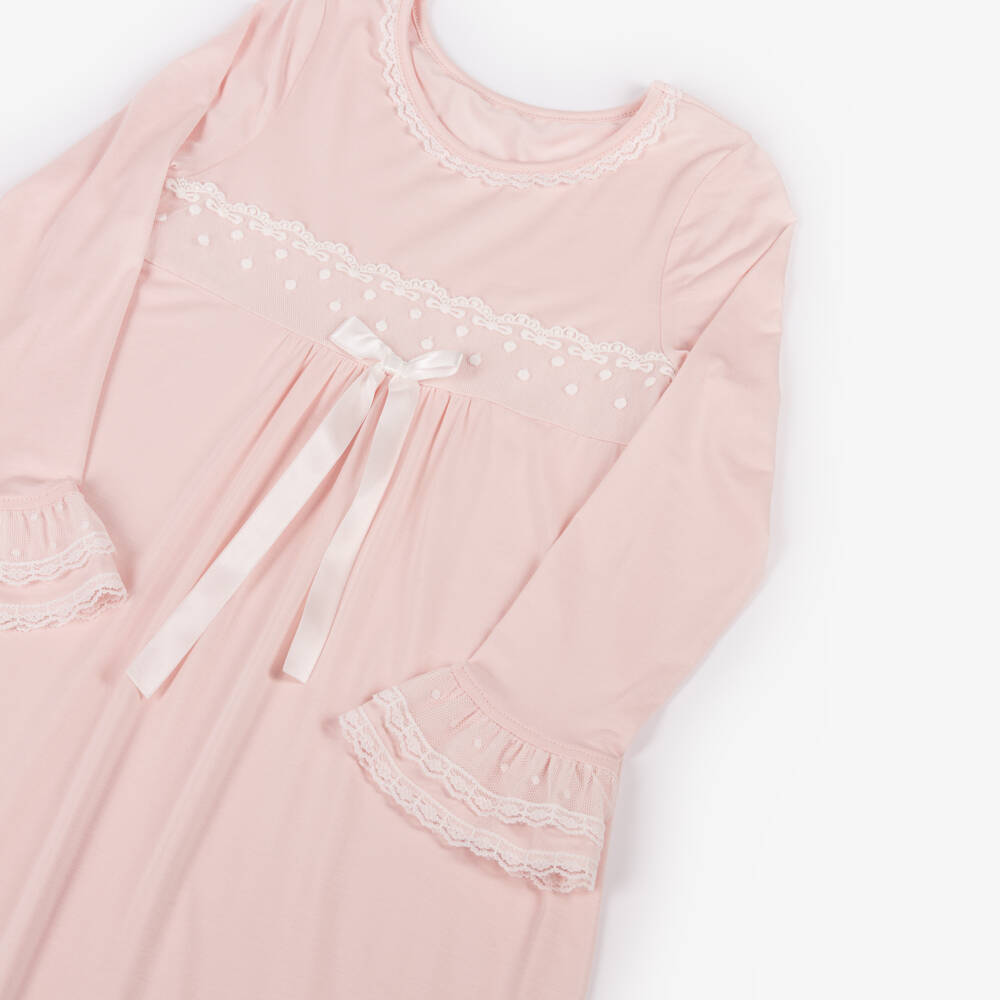 AMIKI Children-Girls Pink Micromodal Jersey Nightdress with Lace Trims | Childrensalon