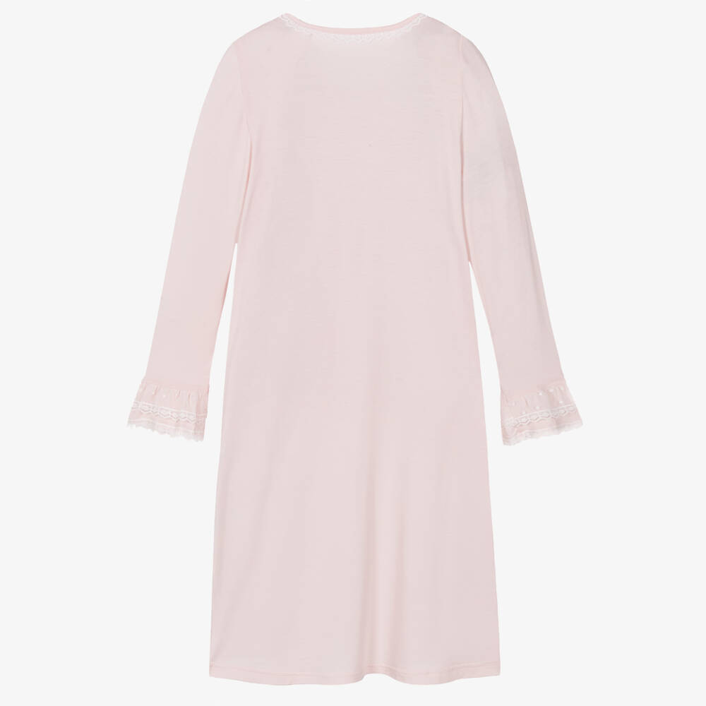 AMIKI Children-Girls Pink Micromodal Jersey Nightdress with Lace Trims | Childrensalon