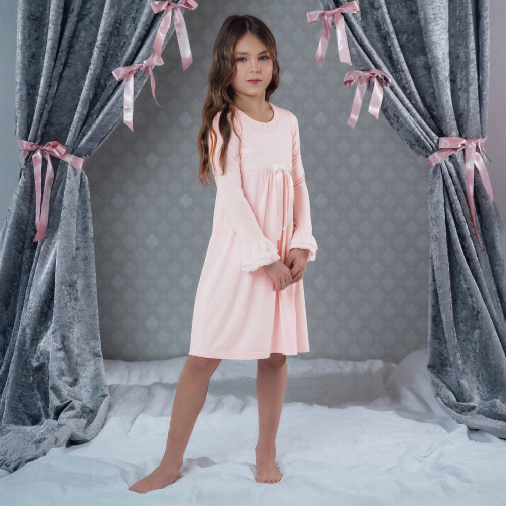 AMIKI Children-Girls Pink Micromodal Jersey Nightdress with Lace Trims | Childrensalon