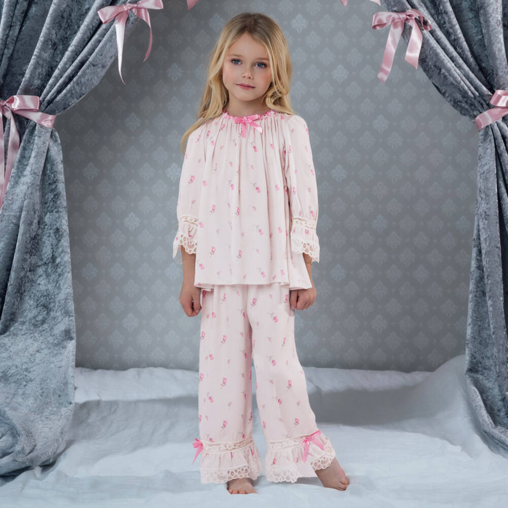 AMIKI Children-Girls Pink Rose Print Pyjamas with Lace Trim | Childrensalon