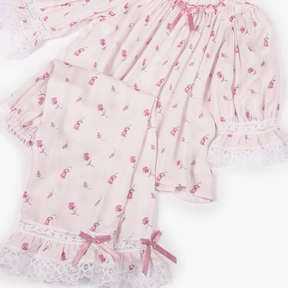 AMIKI Children-Girls Pink Rose Print Pyjamas with Lace Trim | Childrensalon
