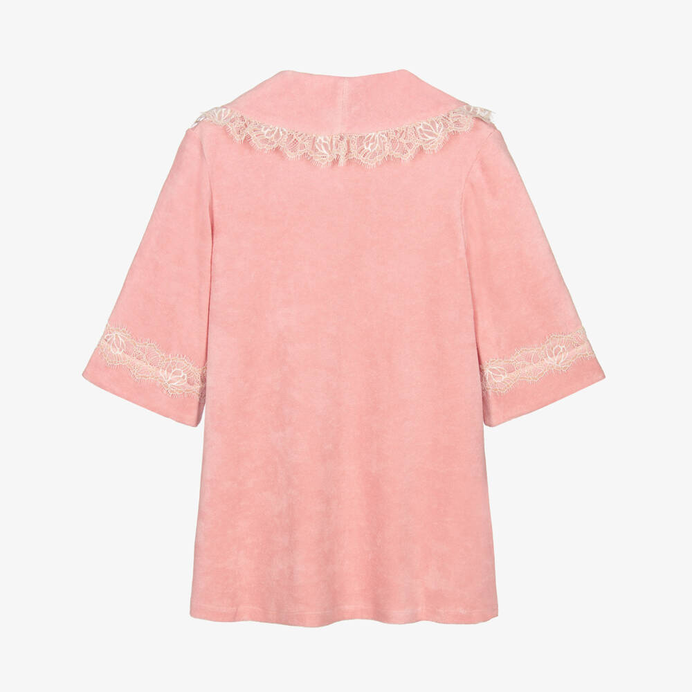 AMIKI Children-Girls Pink Towelling Bath Robe with Glittery Lace Trims | Childrensalon