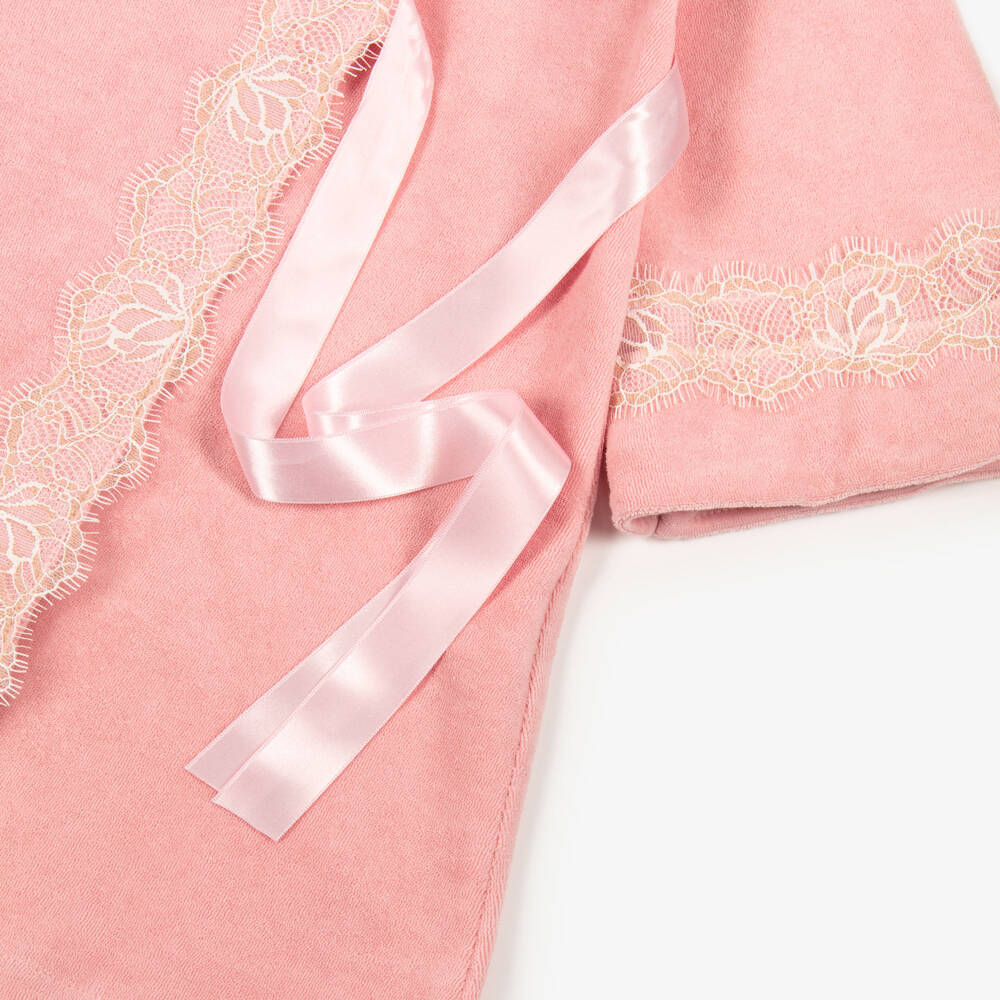 AMIKI Children-Girls Pink Towelling Bath Robe with Glittery Lace Trims | Childrensalon