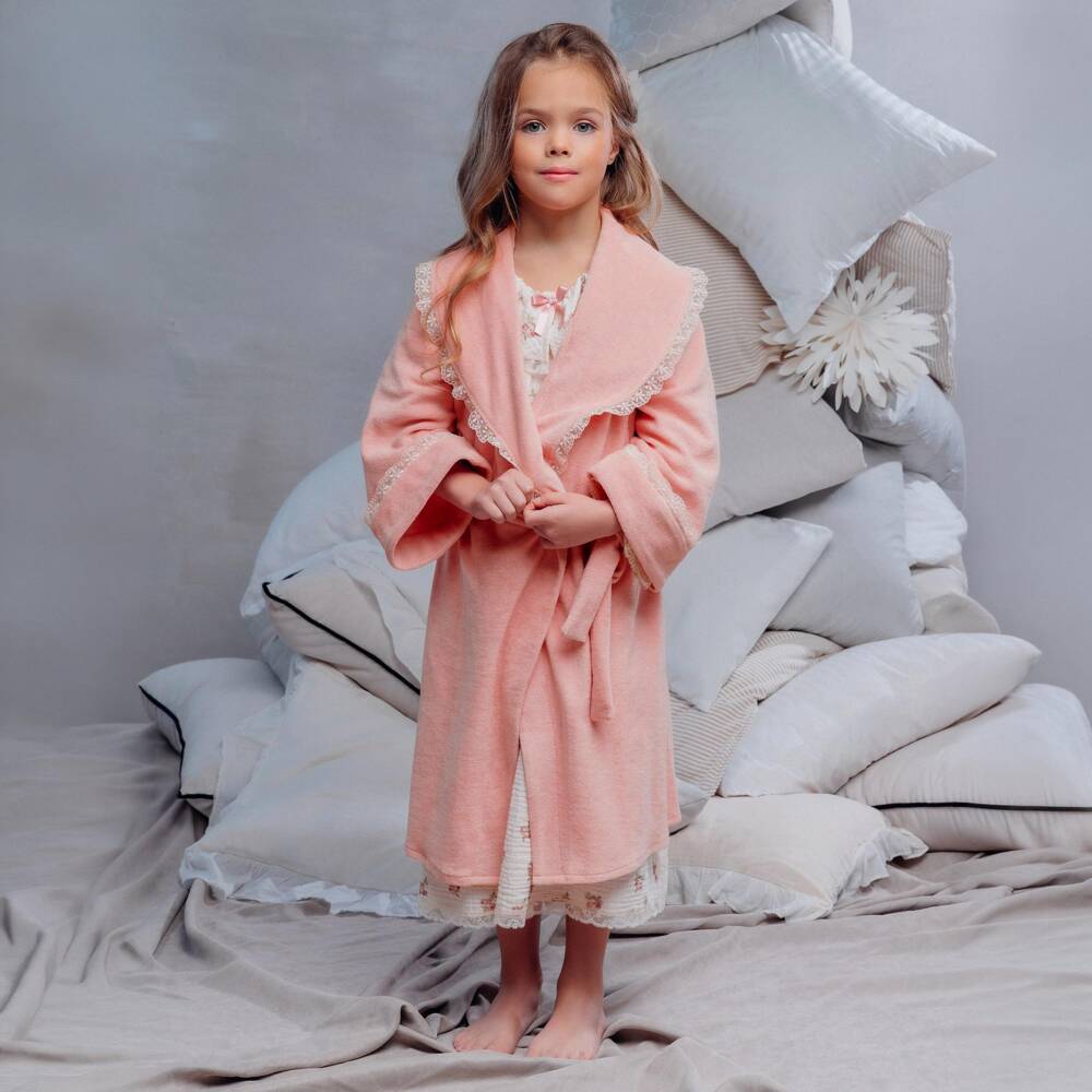 AMIKI Children-Girls Pink Towelling Dressing Gown with Lace Trims | Childrensalon