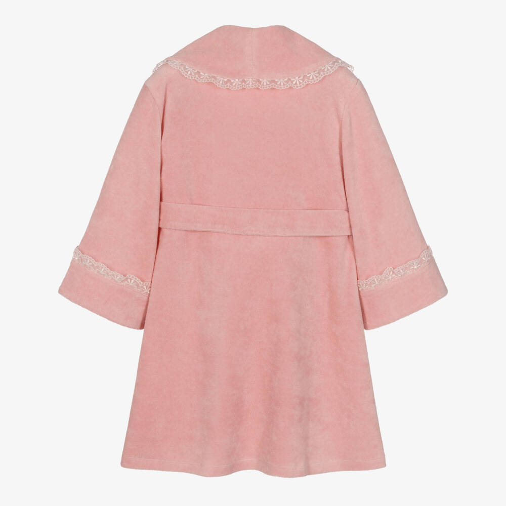 AMIKI Children-Girls Pink Towelling Dressing Gown with Lace Trims | Childrensalon