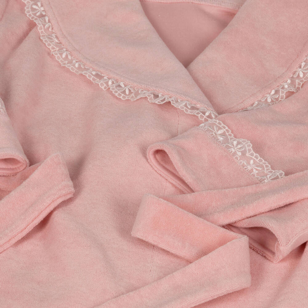 AMIKI Children-Girls Pink Towelling Dressing Gown with Lace Trims | Childrensalon
