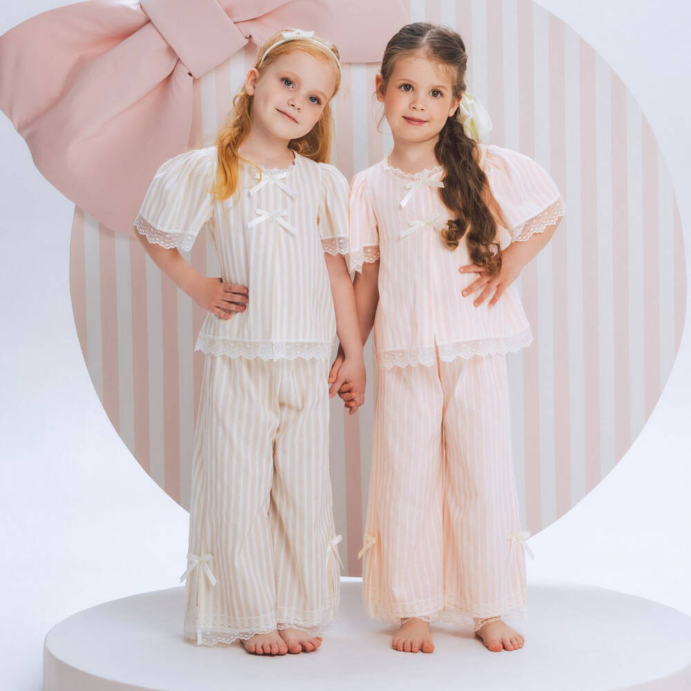 AMIKI Children-Girls Pink & White Striped Cotton Pyjamas | Childrensalon
