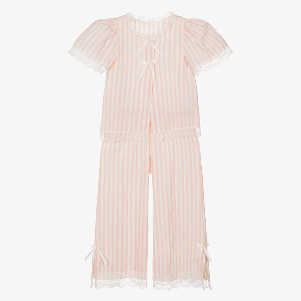AMIKI Children-Girls Pink & White Striped Cotton Pyjamas | Childrensalon