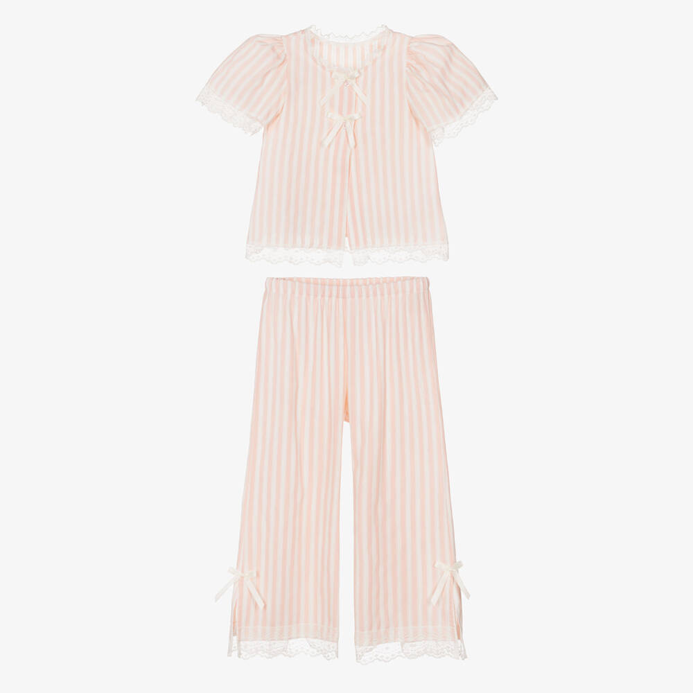 AMIKI Children-Girls Pink & White Striped Cotton Pyjamas | Childrensalon
